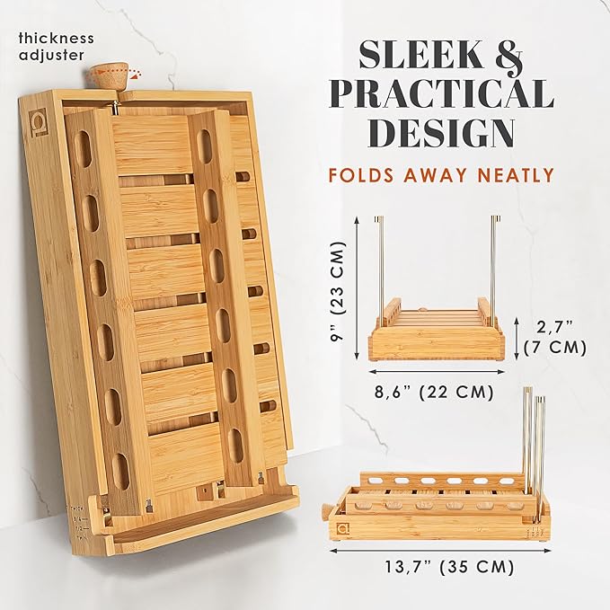 DITTO 2.0 Bamboo Bread Slicer for Homemade Bread - 6.5" Wide Adjustable Bread Slicer Guide Cuts Even Slices, 4 Thickness Options - Works with Buns, Bagels - Incl Crumb Tray