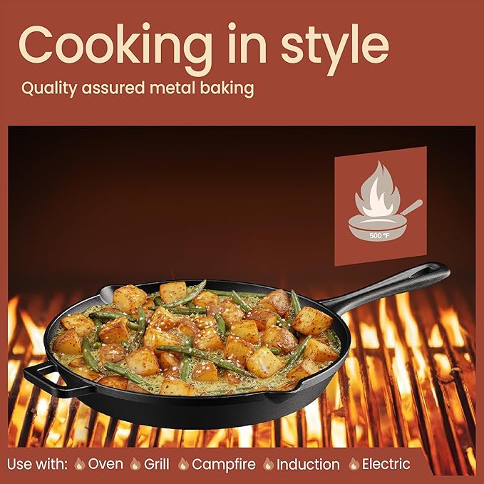 Bakken Pre Seasoned Cast Iron Skillet with Glass Lid & Silicone Handle,12" Frying Pan for Stove, Oven, Grill & Induction, Even Heat Distribution, Versatile All-Purpose Cookware for Searing & Frying