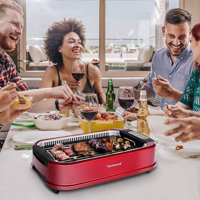 Smokeless Indoor Grill, Techwood 1500W Electric Grill Portable Korean Grill Non-Stick Grill Plates with Temperature Control, Removable Drip Tray, Tempered Glass Lid, Dishwasher-Safe