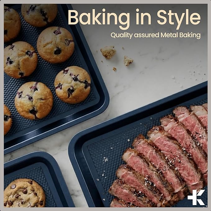 BAKKEN Kitchen Baking Pan - Small, Medium, and Large Cookie Sheet (13.58×9.65, 15.75×11, 17.91×12.60), Nonstick, Diamond Texture Bottom, PFOA, PFOS, PTFE Free, Oven Safe Tray (450°F), Pack of 3, Blue