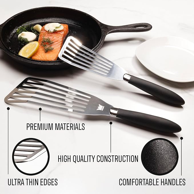 Professional Fish Spatula Stainless Steel Set - 1 Large + 1 Small stainless steel spatula - mirror polished spatulas with heat resistant ergonomic handles - fish turner for Flipping, Frying & Grilling