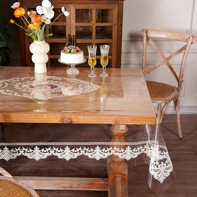 Clear Table Cover Protector Rectangle Vinyl Table Cloth Waterproof Oil Spill Proof Wipe Clean Lace Plastic Tablecloths for Dining Tables (French Lace, 60 x 120 Inches)