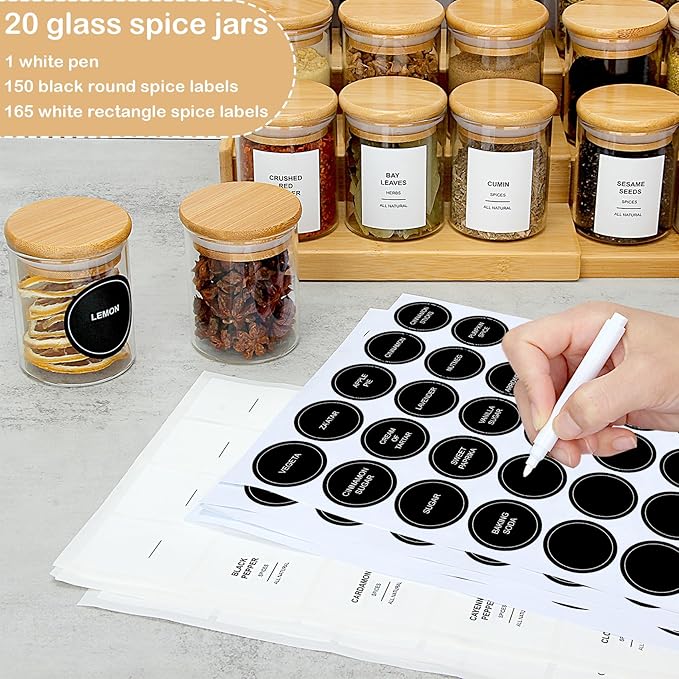EgticHome 4OZ Glass Spice Jars with Bamboo Lids and 315 Labels, 20 Pcs Clear Food Storage Containers for Kitchen Sugar Salt Coffee Tea Beans
