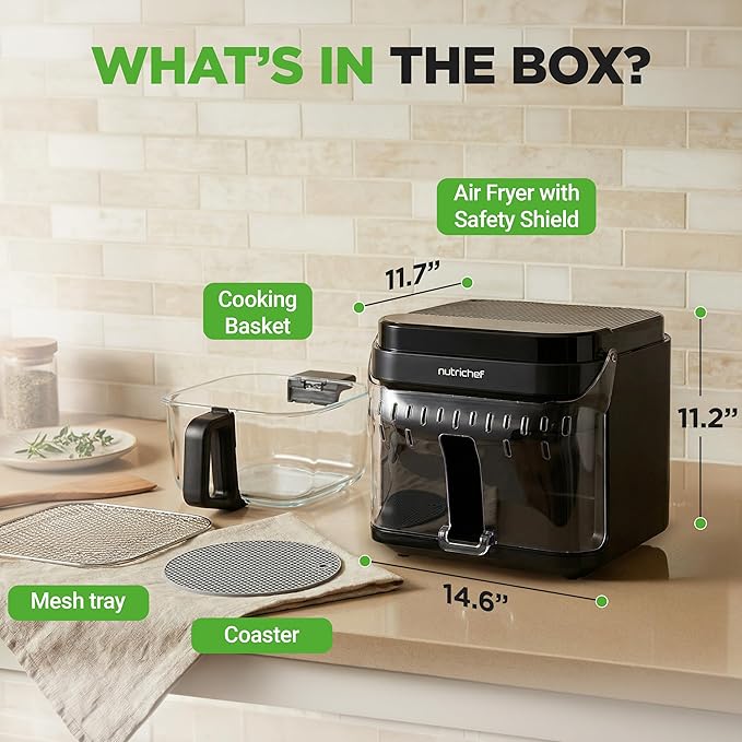 NutriChef 5.8 Quart Air Fryer | Glass Airfryer with 8-in-1 Digital Presets | Stainless Steel Fryer Design | Glass Fry Bowl with Flip-Up Safety Shield | Compact Air-Fryer for Even Cooking | Black