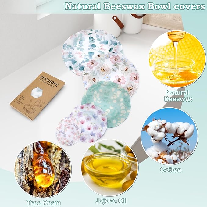 5-Size Reusable Beeswax Bowl Covers for Bread Proofing, Cotton Cloth Flexible Beeswax Wraps for Food Storage