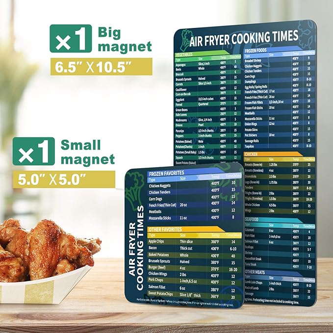 Air Fryer Magnetic Cheat Sheet Set, Cook Times Chart Air Fryer Accessories Magnet Sheet Quick Reference Guide for Cooking and Frying, Easy to Use, Excellent Kitchen Assistant