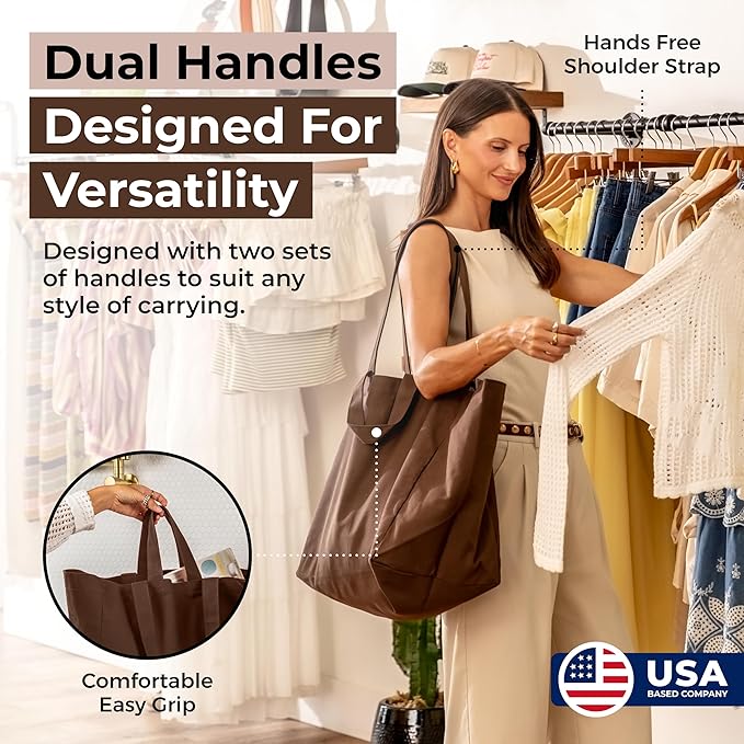 VeraMia Canvas Grocery Bag 3pc XL Set with Real Pockets, Long Shoulder Strap and Short Handle. Heavy Duty, Foldable, Washable