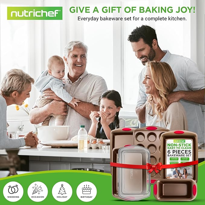 NutriChef 6-Piece Baking Pan Set - PFOA, PFOS, PTFE Free Flexible Nonstick Golden Coating Carbon Steel Bakeware - Professional Home Kitchen Bake Cookie Sheet Stackable Tray w/Red Silicone Handles