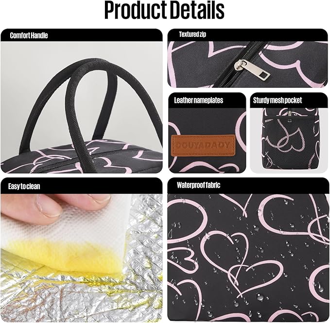 douyadady Lunch Bag Women/Men Lunch Box Women/Men (black+pink heart)