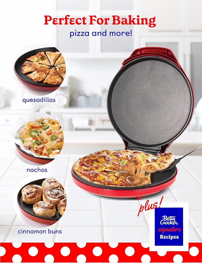 Betty Crocker Pizza Maker Plus, 12" Indoor Electric Grill, Nonstick Griddle Pan for Pizzas, Quesadillas, Tortillas, Nachos and more, 12" Electric Griddle for Delicious Meals and Snacks, Red