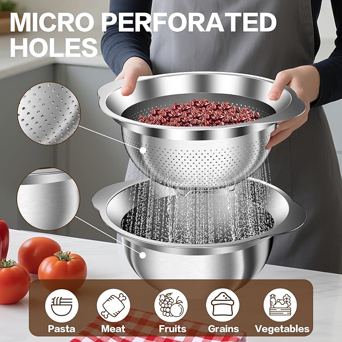 3.5QT Colander with Bowl, Rice Strainer, Stainless Steel Mixing Bowls with Strainer, Pasta Strainer, Colander for Kitchen for Rice Pasta Fruits Vegetables, Rice Cleaner Strainer, Dishwasher Safe