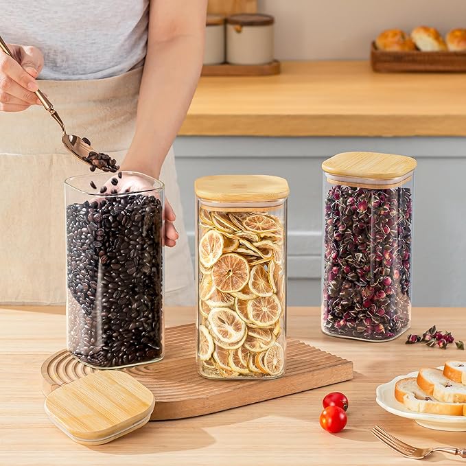 SENTVEND 51 Oz Glass Storage Jars with Bamboo Lids - 3 Pack Clear Glass Canisters Square Airtight Stackable Ideal for Pantry Storage Containers Great for Storing Oats Coffee Beans Pasta Flour Rice etc