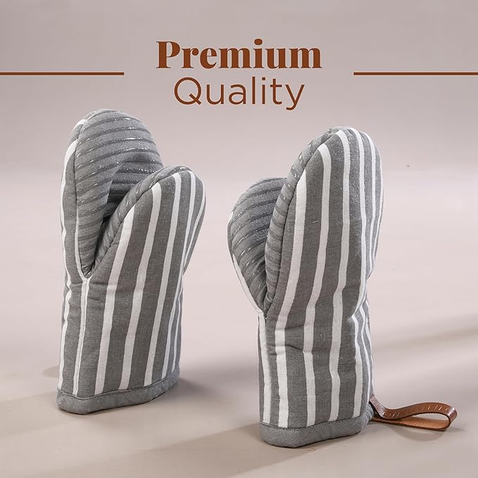 Folkulture Oven Mitts - Set of 2 (5.75"x9") | Gray Striped Oven Mitts with Hanging Loop for Cooking Gifts for Women, Kitchen Decor| 100% Cotton, Silicone Heat Resistant Mini Mitts, House Warming Gifts