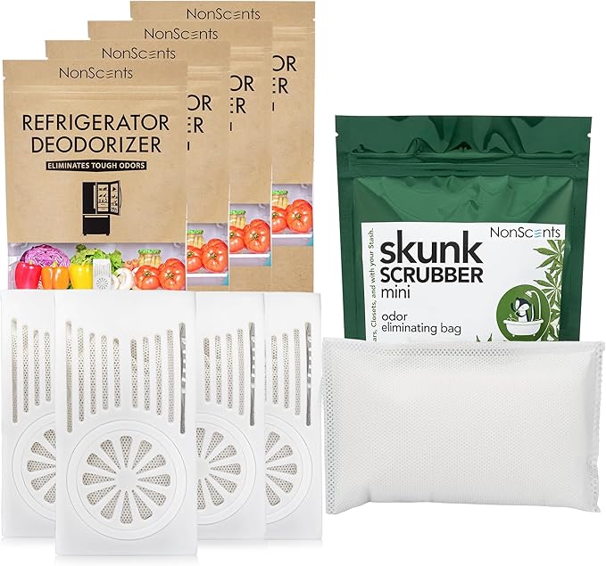 NonScents Refrigerator Deodorizer (4-Count) & Smoke Odor Eliminator Bag - Ultimate Odor Control Bundle for Fridge, Freezer, Cars, & Small Spaces – Fragrance-Free & Long-Lasting