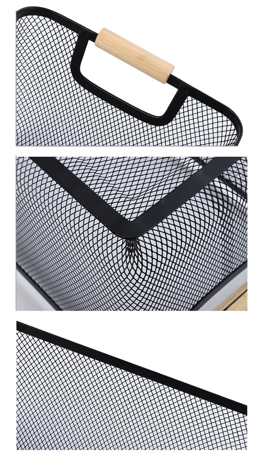 Metal Mesh Steel Basket, Small Wire Storage Organizer Basket Multi-function Hanging Kitchen Basket with Wood Handle for Kitchen Bathroom Picnic Home, Rectangle-Black
