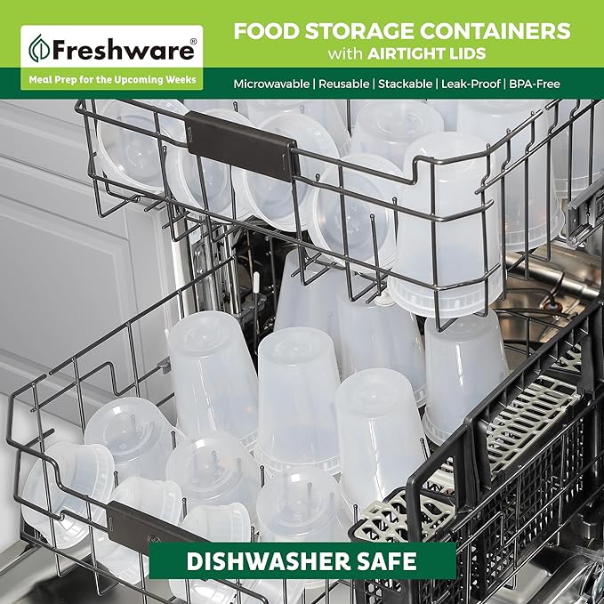 Freshware Food Storage Containers with Lids [60 Pack 8, 16, 32 oz, 20 sets each size] Plastic Deli Containers, Meal Prep Containers, Microwave and Freezer Safe, Stackable, Leakproof, BPA Free, Clear