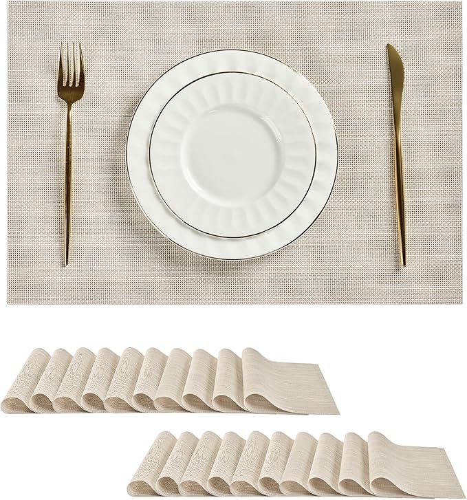 Leetaltree Beige White Placemats Set of 20 - Heat Resistant Non-Slip Place mats for Dining Table, Washable Durable PVC Vinyl Woven Table Mats(Beige White, 20)