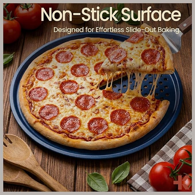Bakken Pizza Baking Pan - Round Perforated Carbon Steel Pan with Non-Stick Marble Coating, Oversized Silicone Handle, Dishwasher Safe, High-Temperature Resistant, Durable & Easy Cleanup - Blue, 1 Tray