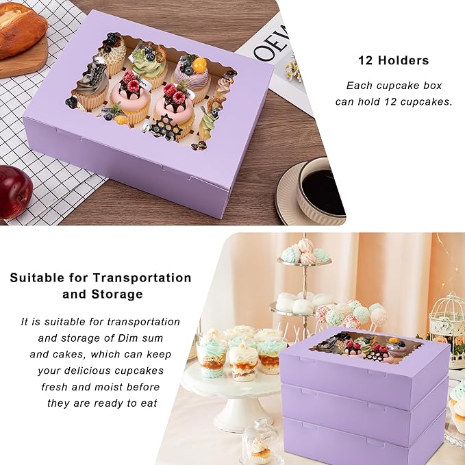 Hoewina 6PCS Cupcake Boxes - Hold 12 Count Cupcake Containers with Window, Food Grade Cupcake Holder Easy Transport and Presentation - Ideal for Cupcakes, Desserts, and More (Light Purple)