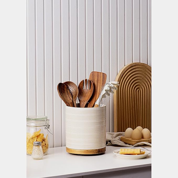 Utensil Holder, 360° Rotating Extra Large Ceramic Kitchen Utensil Holder for Countertop, 7.3“ Cooking Utensil Crocks for Kitchen Counter with Rotatable Wooden Base, Farmhouse Decor, Arctic White