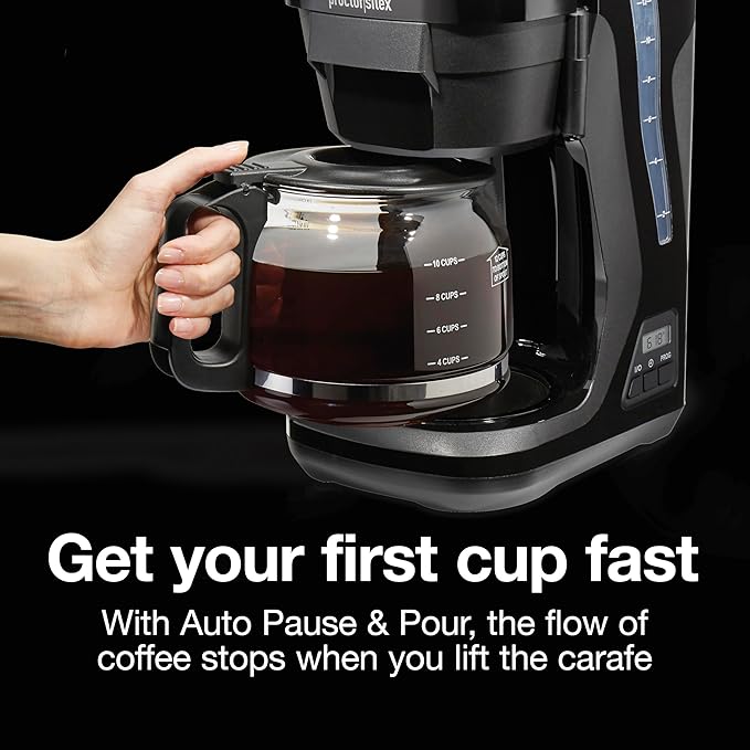 Proctor Silex FrontFill Drip Coffee Maker, Digital & Programmable, 12 Cup Glass Carafe, Black and Silver (43685PS)