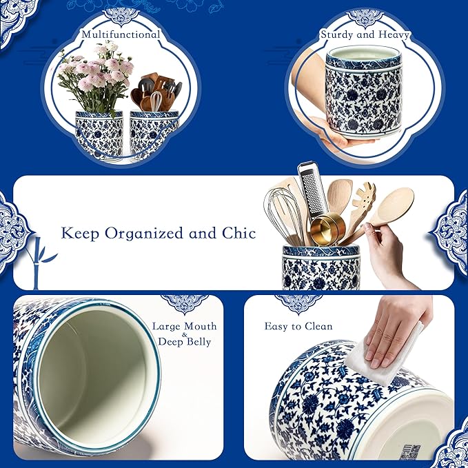 Utensil Holder, 6" Premium Ceramic Kitchen Utensil Rack for Countertop, Hand-painted blue and white porcelain made in Jingdezhen suitable for Vintage Farmhouse Kitchen Counter Decor