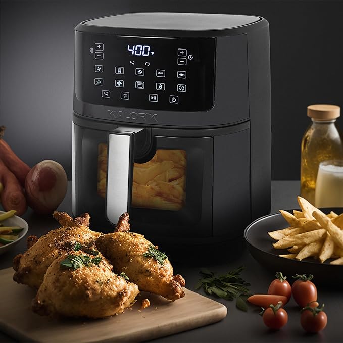 Kalorik Air Fryer 7 Quart Capacity with Touchscreen Controls 10 Cooking Presets in 12 Food Categories with Large Illuminated View Window and Nonstick Basket & Trivet, 1500-Watts, Black