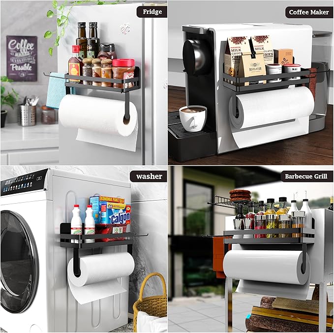 Paper Towel Holder Fridge Magnetic with Shelf - 2 Pack Paper Towel Holder Without Drilling + Magnet Spice Racks with 2 Kitchen Hanging Hooks Heavy Duty Space Saving, Black