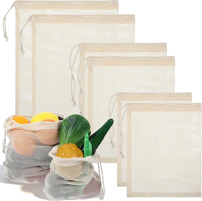 Larrel 6 Pack Reusable Mesh Produce Bags, Multi-Size Vegetable Bags Set with Drawstring, Washable Portable Mesh Grocery Bag for Vegetables Fruits Grocery Shopping Refrigerator Storage Travel