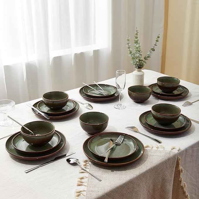 24 Piece Double Bowl Dinnerware Sets with Pasta Bowls, Highly Chip and Crack Resistant Plates and Bowls Sets, Natural Earthyware Ceramic Dishware Sets, Service for 6 Brown Green