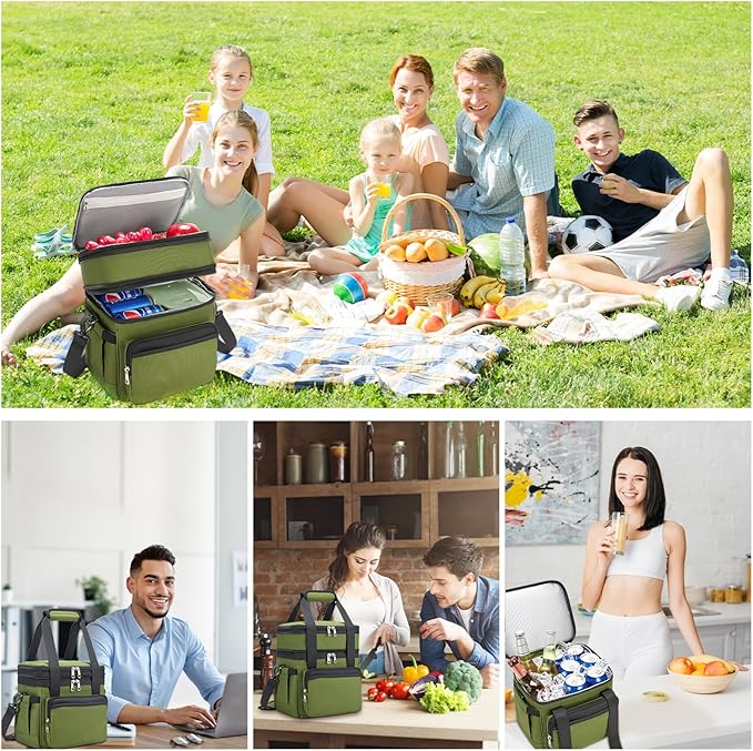 holuxer Insulated Lunch Bag & Lunch Box for Men - Double Deck Reusable Lunch Bag for Women Tote Cooler Bag Leakproof Soft Expandable - Large Lunchbox for Work/Adult/Picnic/Outdoor (Green，15L)