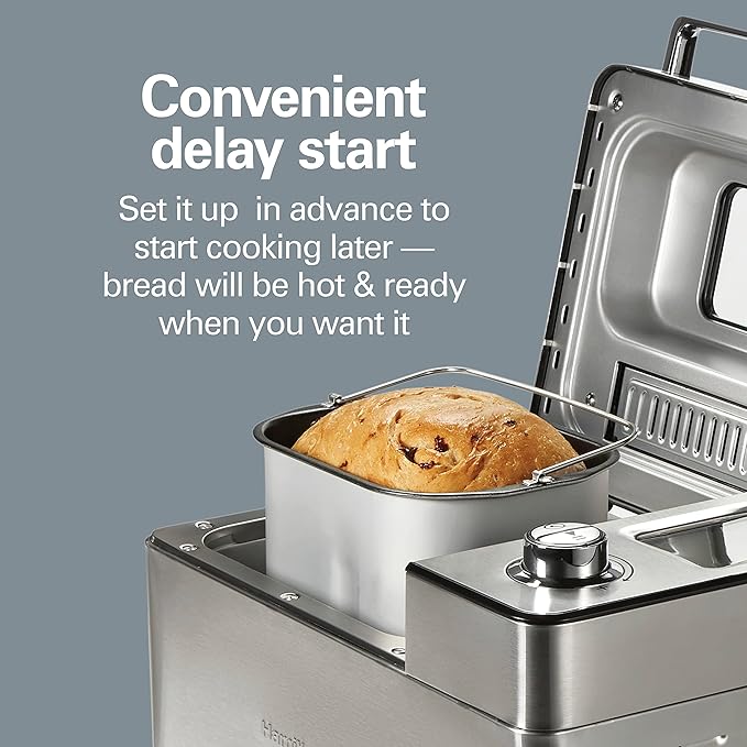 Hamilton Beach 29890 Premium Dough & Bread Maker Machine with Auto Fruit and Nut Dispenser, 2 lb. Loaf Capacity, 21 Programmable Settings Includes Gluten Free+Keto, Stainless Steel
