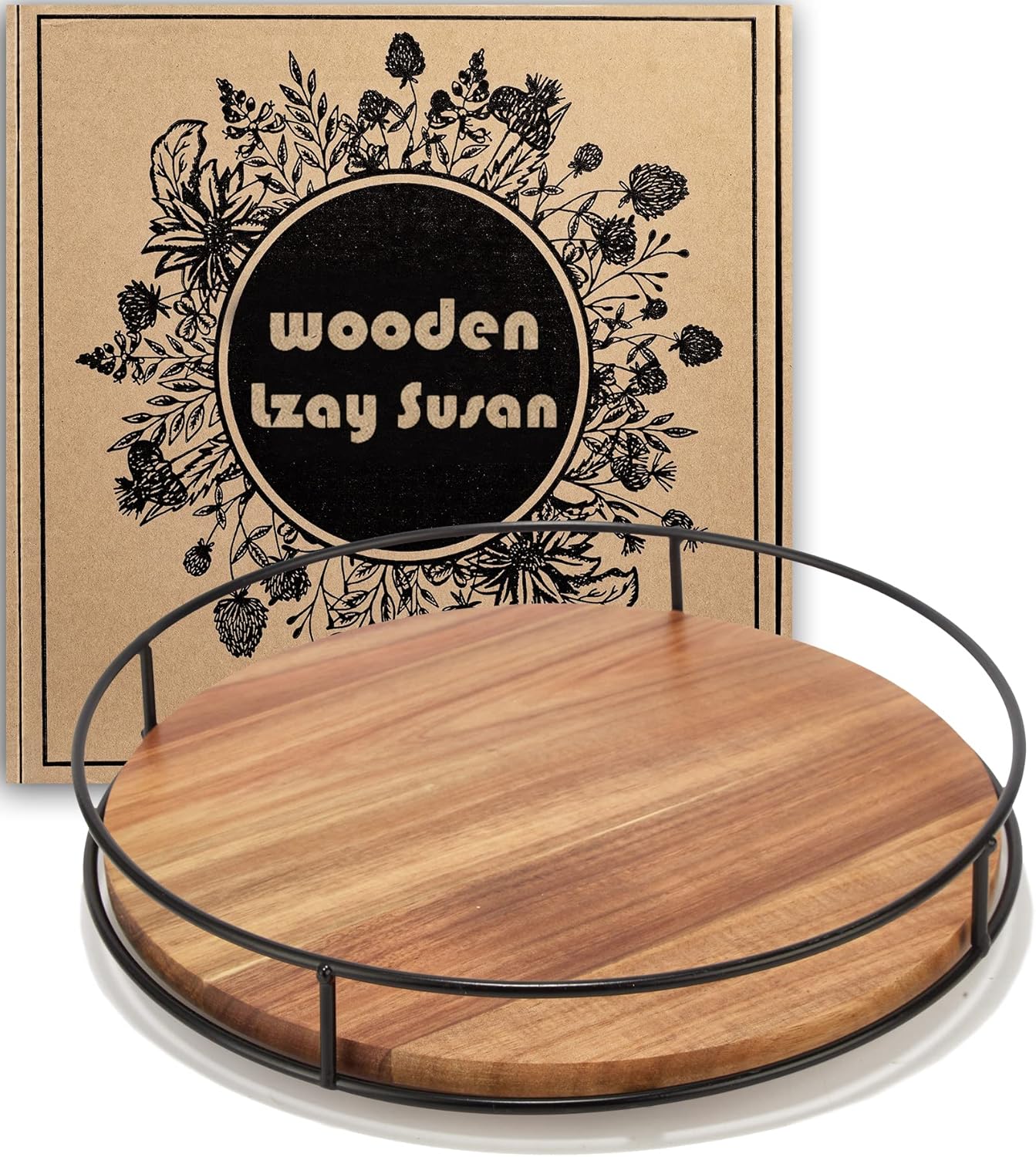 10" Acacia Wood Lazy Susan Turntable, Tomoaza Kitchen Organizer Turntable with Steel Sides, 360 Degree Lazy Susan for Countertop Cabinet or Dining Table (Black)