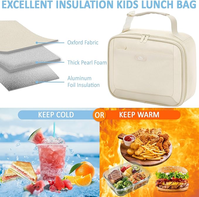 Lunch Box Kids Insulated Lunch Bag for Boys Girls Cute Reusable Lunch Tote Bag Waterproof Portable Thermal Lunch Box Kids for School Picnic Travel Beige