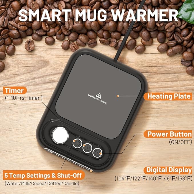 Coffee Mug Warmer with 5 Temps, Coffee Cup Warmer for Desk Faster Heat-Up & 1-10H Timer, Smart Electric Beverage Warmer with Auto Shut Off & LCD Display, Ideal Gifts for Coffee,Tea,Milk,Cocoa (NO CUP)
