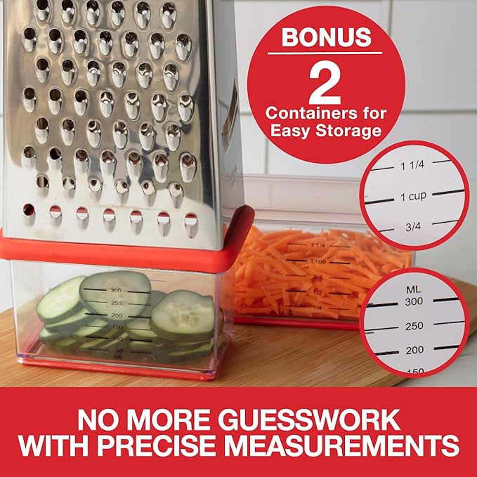 Box Cheese 4-Sided Grater w 2 Attachable Storage Containers w Lids- Mess-Free Shredder & Slicing - Stainless Steel, Soft Grip Handle, Non-Slip Base, Built-In Measurements- Thanksgiving Kitchen Gadget