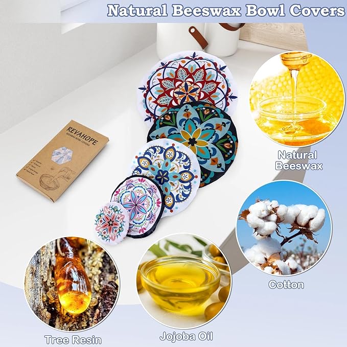 5-Size Reusable Beeswax Bowl Covers for Bread Proofing, Cotton Cloth Flexible Beeswax Wraps for Food Storage(Pentagonal Floral)