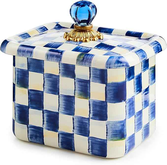 MACKENZIE-CHILDS Enamel Recipe Box, Index Card Box with Lid, Includes 40 Recipe Cards, Blue-and-White Royal Check