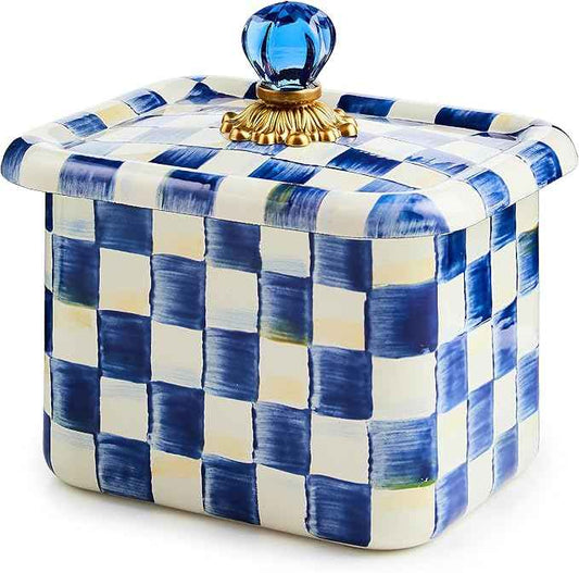 MACKENZIE-CHILDS Enamel Recipe Box, Index Card Box with Lid, Includes 40 Recipe Cards, Blue-and-White Royal Check