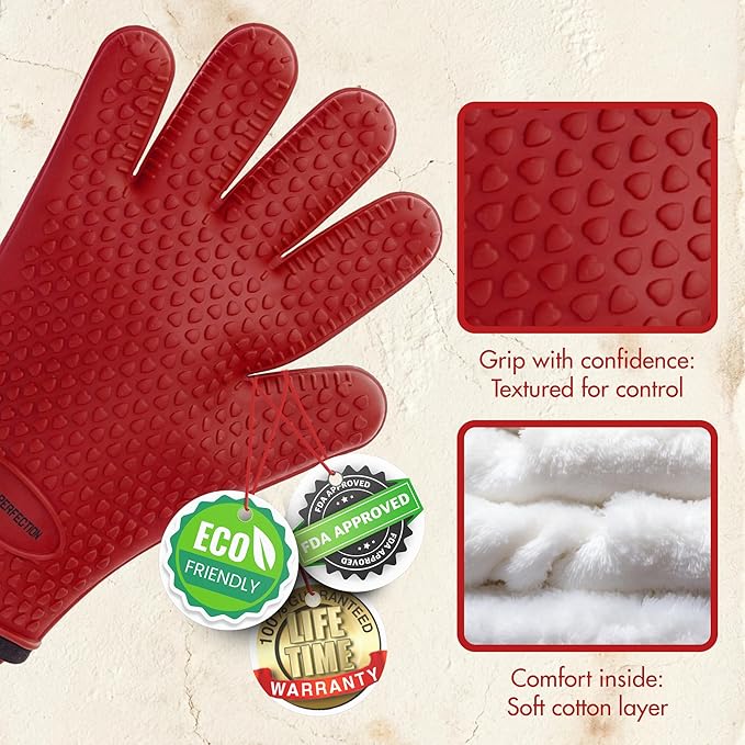 KITCHEN PERFECTION Silicone Oven & Griddle Gloves -Extreme Heat Resistant BBQ & Grilling Gloves -Handle Hot Food Right on Your Griddle |Waterproof Oven Mitts Grill Gloves |Superior Set+3 Bonuses