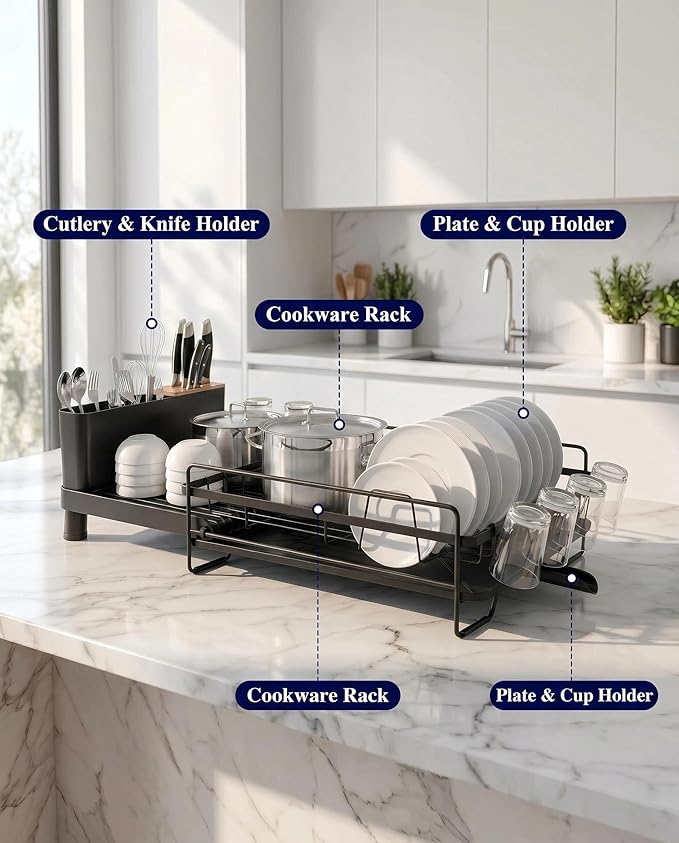 Large Extendable Dish Drying Rack with Bamboo Knife Holder, Rustproof Dish Drainer for Kitchen Counter, Adjustable 19"-27", Black