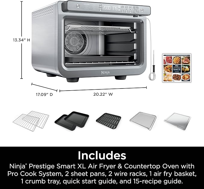 Ninja Prestige Smart XL with Pro Cook System 10-in-1 Air Fry Digital Countertop Convection Toaster Oven with Air Fry, Air Roast, Broil & Bake, Pro Cook Thermometer, 1800 Watts, Stainless Steel, DT551