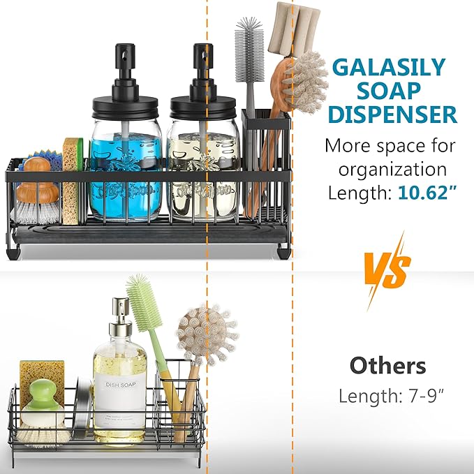 Galasily Mason Jar 16 oz Liquid Soap Dispensers Set with Large Kitchen Sink Caddy, Black Rustproof Stainless Steel Pump, Refill Hand Soap, Dish Soap, Vintage Farmhouse Decor for Bathroom, Kitchen