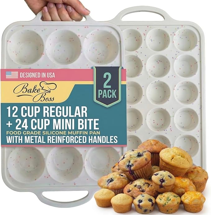 2-Pack Silicone Muffin Pan Set – Regular 12 Cup & Mini 24-Cup Silicone Muffin Pans for Baking – Nonstick Silicone Cupcake Pan with Metal-Reinforced Handles – BPA-Free, Dishwasher-Safe, Cream