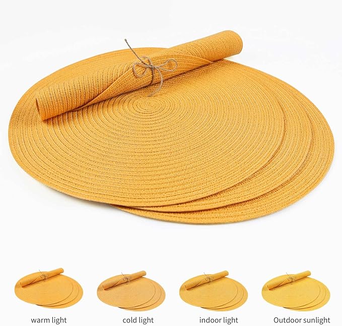 FunWheat Round Braided Placemats Set of 6 Place mats for Dining Tables Woven Heat Resistant Table Mats 15 inch (Yellow,6pcs)