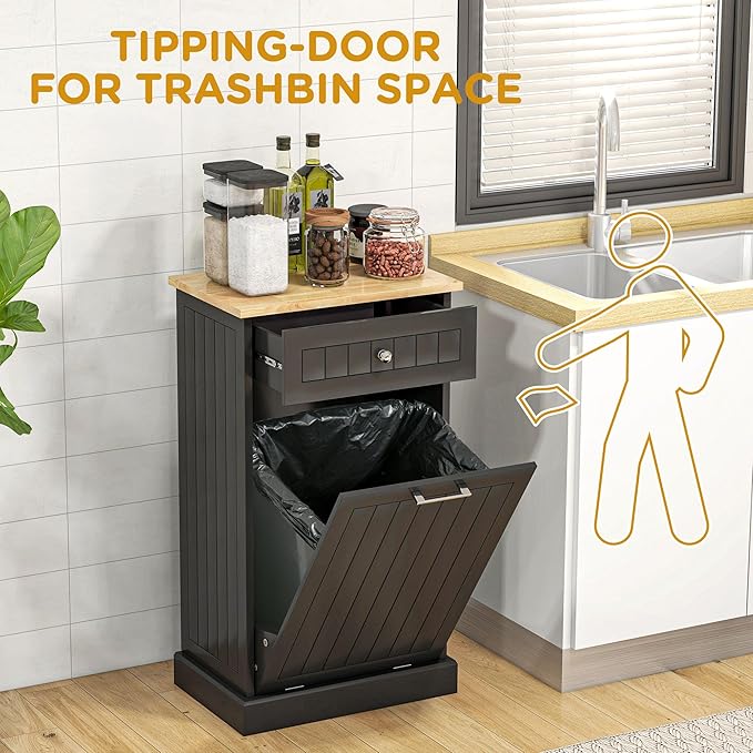 HRVEOCEI Single Tilt Out Trash Can Cabinet for 10 Gallon, Trash Can Holder Cabinet with Drawer, Farmhouse Garbage Cabinets for Kitchen Living Room, Easy to Clean (Black)