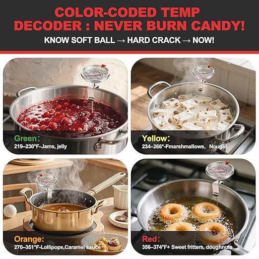 Upgraded Candy Thermometer Waterproof IP67 - Oil Thermometer for Frying with Clips - 9" Side of Pot Rainbow dial Thermometer Deep Fry for Oil Candy Candle BBQ - Silver XL