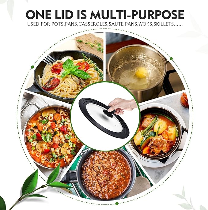 Ydeapi Universal Lids for Pots, Pans & Skillets - Fits 7", 8" & 9" Diameter, 10", 11" & 12" Diameter Cookware, Tempered Glass with High Heat Resistant Silicone Rim (2PK)