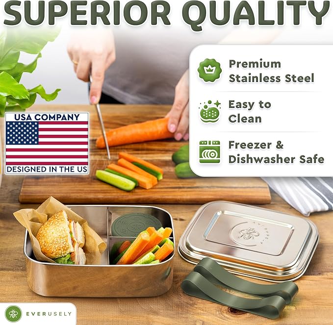Everusely - Bento Box - Sage, 47oz / 1.4 L - Large Stainless Steel Lunch Box with Leakproof Condiment Container - 3 Compartment Snack Organizer for On the Go Meals - Freezer & Dishwasher Safe