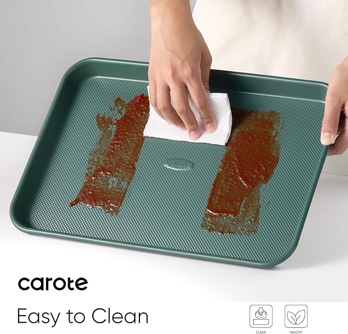 CAROTE 3-Piece Baking Pan Set - Bakeware Set, Baking Sheet Set Including 13 Inch 15 Inch 17 Inch Sheet Pan, Cookie Sheet for Baking, Deep Olive Green